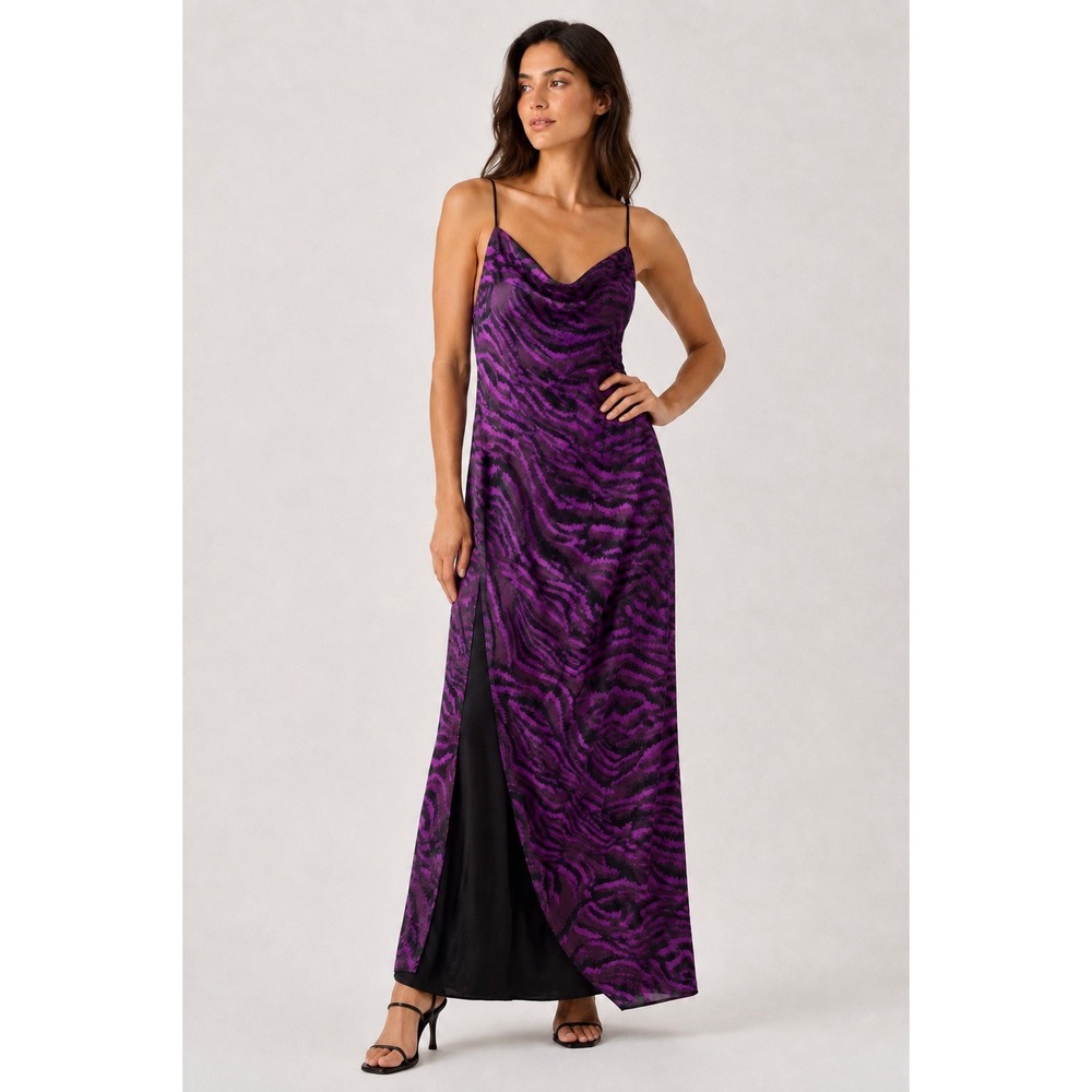 S by Serena Slip Dress Exotic Zebra Print Purple Black Small High Slit Cowl Neck